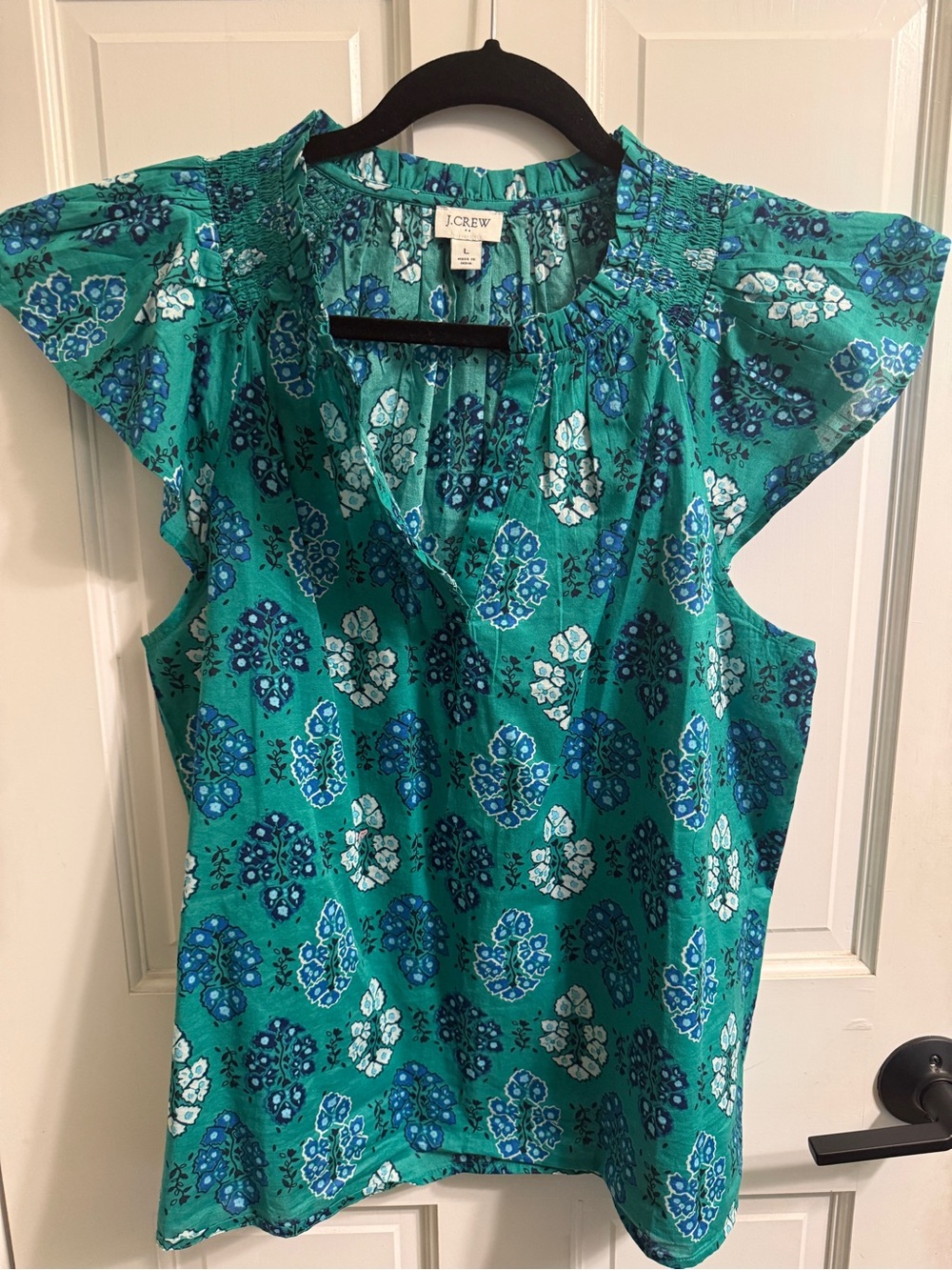 J. Crew Teal Floral Cap-Sleeve Blouse